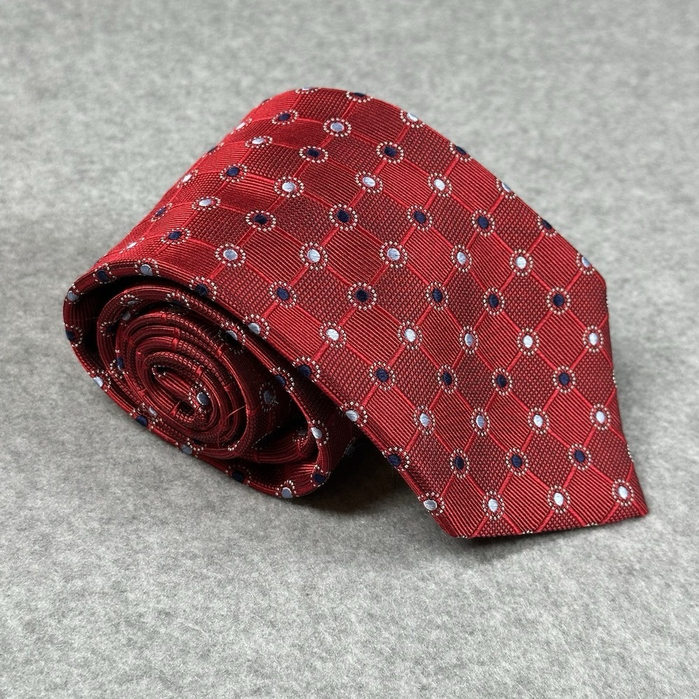 Jos A Bank Red Silk Tie Geometric‎ Dot Pattern Classic Mens 59x3.5"